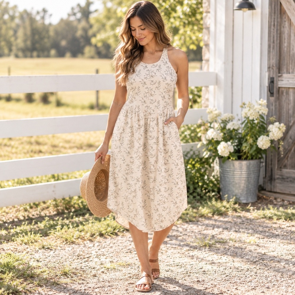 Universal Thread Cream Floral Racerback Midi Dress with Pockets Size M NWT